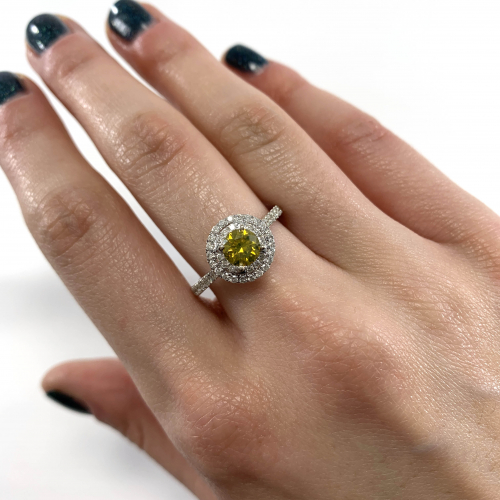 Yellow Diamond Round 0.67 Carat Ring with Accent White Diamonds in 14K White Gold