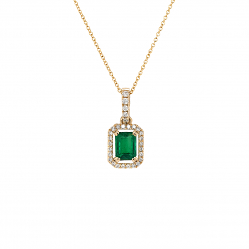 Zambian Emerald 0.48 Carat Pendant With Accent Diamonds In 14k Yellow Gold ( Chain Not Included )