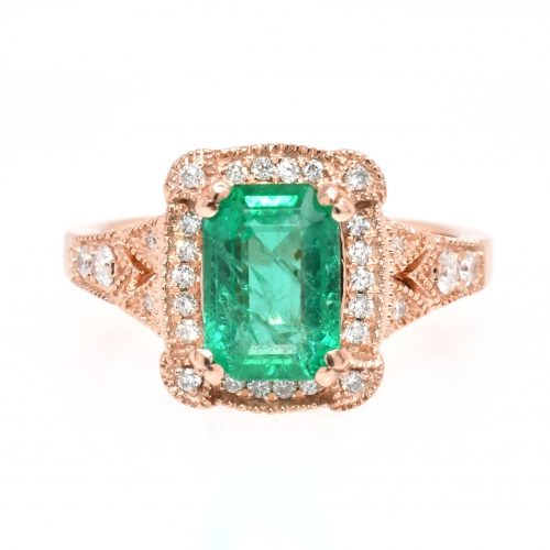 Zambian Emerald Cushion 1.53 Carat Ring with Diamond Accent in 14K Rose Gold