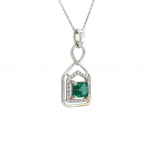 Zambian Emerald Emerald Cut 0.79 Carat Pendant With Accent Diamonds In 14k White Gold
