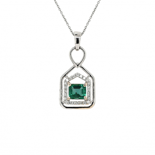 Zambian Emerald Emerald Cut 0.79 Carat Pendant With Accent Diamonds In 14k White Gold