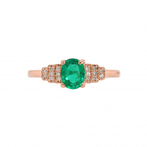 Zambian Emerald Oval 0.58 Carat With Diamond Accent Ring In 14k Rose Gold