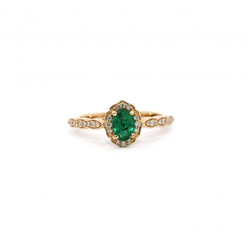 Zambian Emerald Oval Shape 0.45 Carat Ring In 14k Yellow Gold With Accented Diamonds